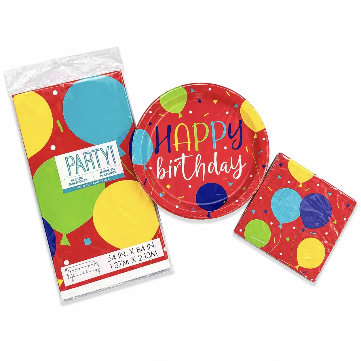 Happy Birthday Party Supplies Bundle – Colorful Balloons Table Cover, Dessert Plates & Napkins