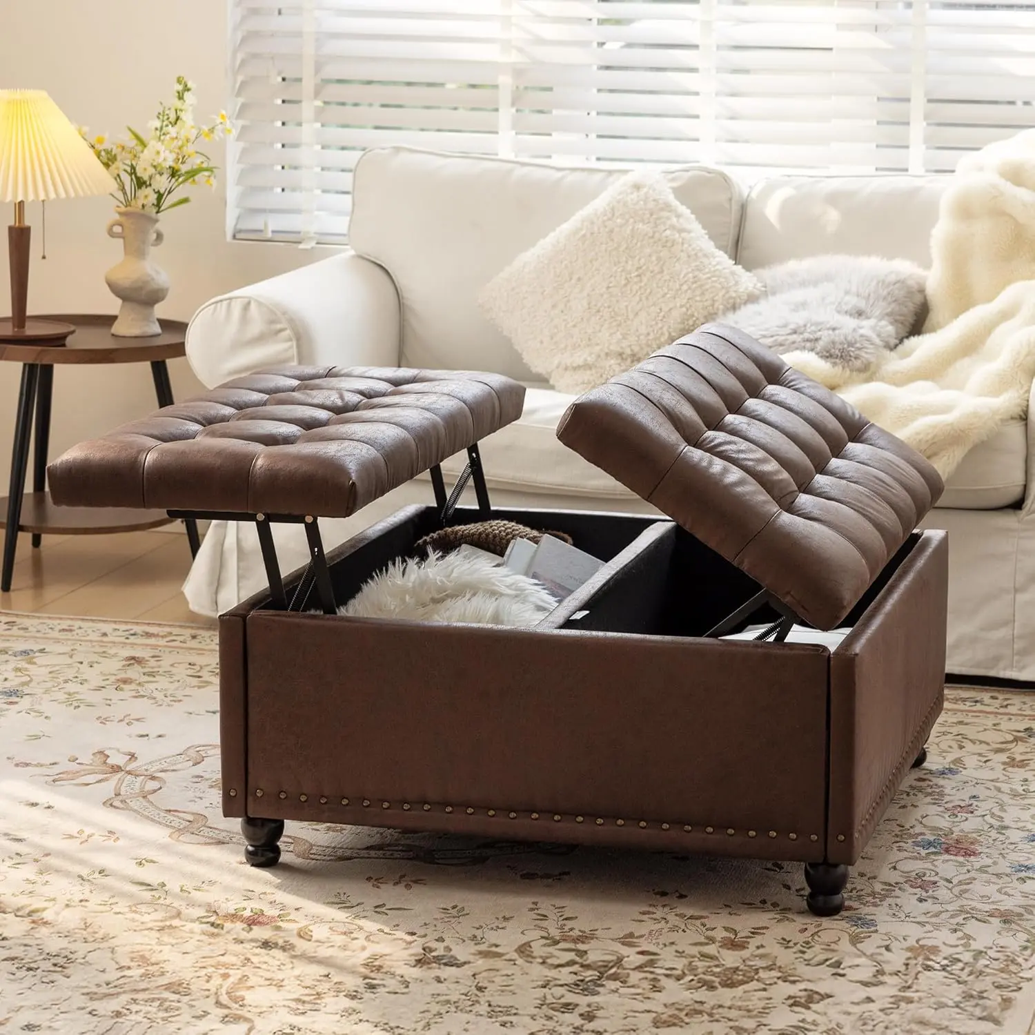 JOYVELLEHEIM 35-Inch Extra Large Button Tufted PU Leather Dark Brown Square Storage Ottoman Coffee Table - No Assembly Required, Modern Multi-Purpose Cube Footstool for Living Room with Stylish & Comfortable Design