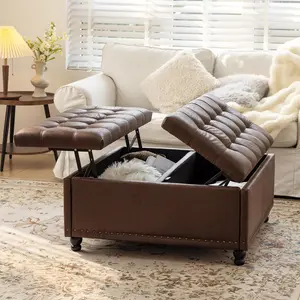 【JOYVELLEHEIM】35″ Large Square Storage Ottoman, Storage Ottoman Coffee Table with Lift Top Faux Leather Ottomans Bench Square Footrest Oversized Upholstered Coffee Table for Living Room, Extra Large Storage, Dark Brown