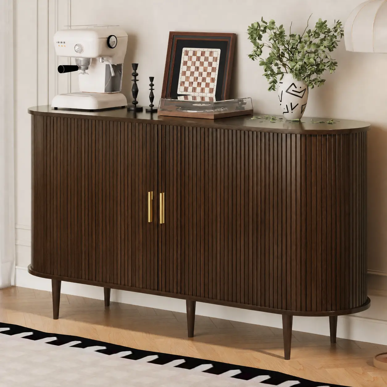 【Sideboard Cabinet】40/47/55/70 Inch Fluted Buffet with Tambour Sliding Doors and Adjustable Shelves, Mid-Century Storage Credenza for Dining Room, Living Room or Coffee Bar
