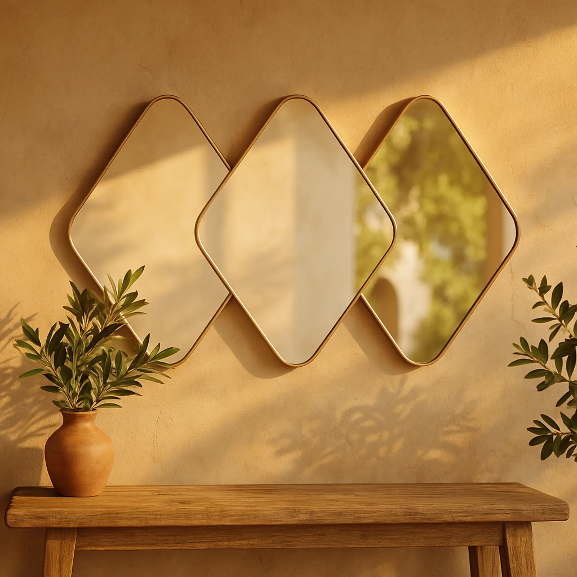 CosmoLiving by Cosmopolitan Durable Horizontal Glass Mirror, Chic Decor with Gold Minimalist Overlapping Diamond Metal Frame, Satin-Finish MDF Backing, Fully Assembled, 43l x 2.50w x 27.50h in, Creates Illusion of Space for Entryway Accent