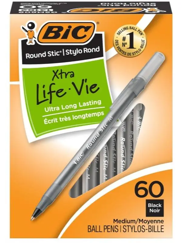 BIC Round Stic Xtra Life Ballpoint Pen, Ultra Long Lasting and Consistent Ink Flow, 60-Count in Black Ink