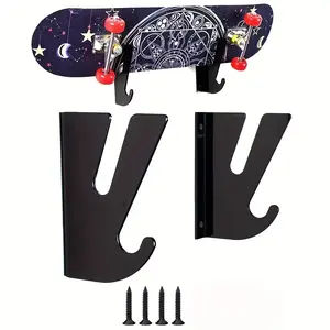 2pcs metal wall-mounted skateboard display stand, double deck storage rack with hooks, suitable for living room, skateboard accessories, Organizer, space-saving solutions, skateboard finishing