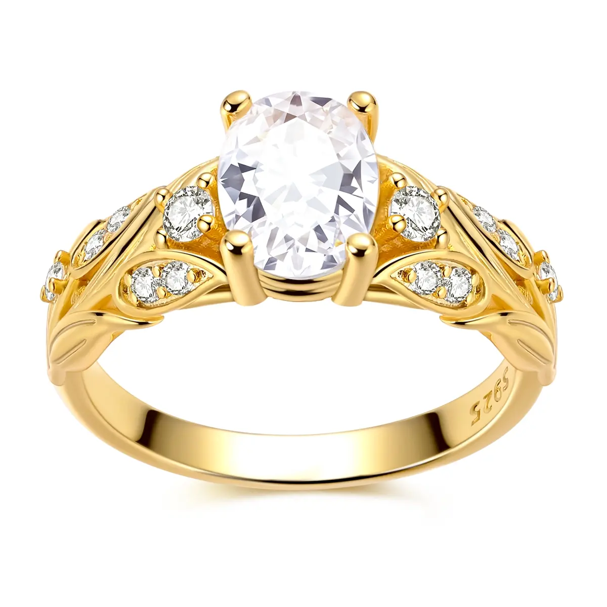 MULA Gold Laurel Leaf Ring 925 Silver-plated, 18K Gold Plating and Sparkling Zircon, Vintage Nature Style Engagement Promise Jewelry, Perfect for Women's Anniversary Christmas Gift, Wedding Engagement Ring