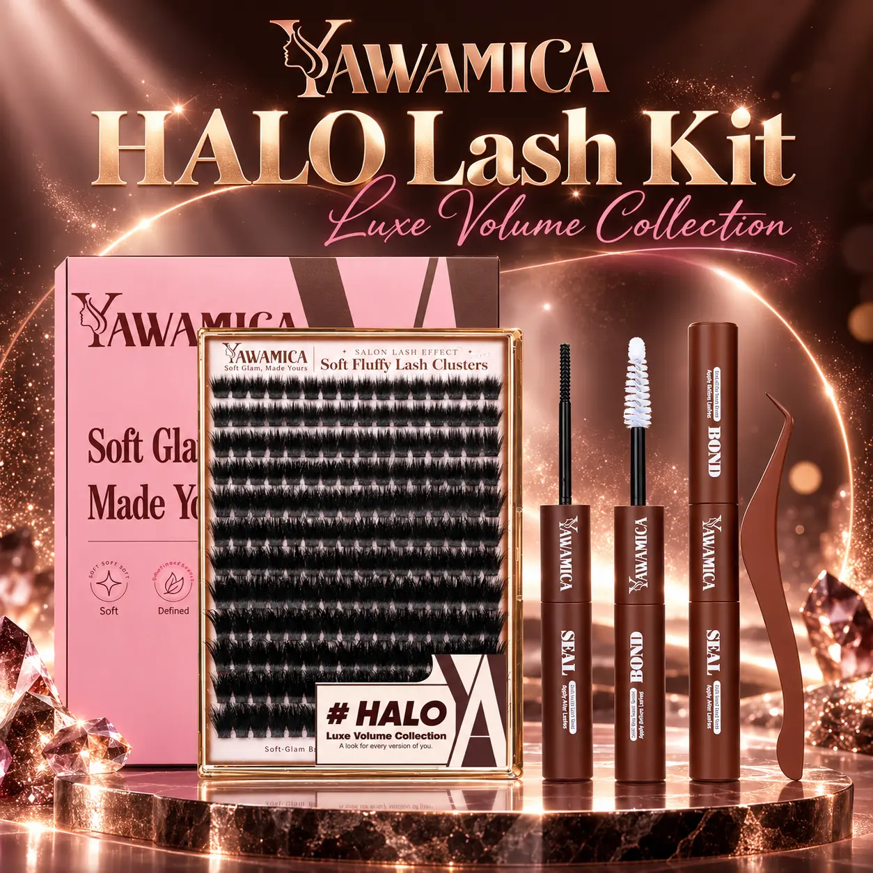 [Live Only]Yawamica HALO Lash Clusters Kit, Soft Volume Cluster Lashes 10-18mm with Lash Bond & Seal and Precision Tweezers, DIY Lash Extension Kit for Custom Lash Looks