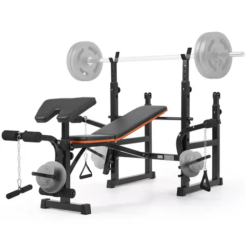 7-in-1 Adjustable Weight Bench with Dual Barbell Racks, 5-Level Height, 4-Level Backrest, 600lbs Capacity - Workout Equipment, Home Workout Gear, At Home Gym Equipment for Beginner Resistance Training (Weights are Not Included)