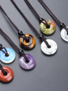 3/5pcs Natural Crystal Agate Necklace, Handmade Donut Pendant, Adjustable Rope Jewelry, Unisex Healing Crystal Style, Gift for Couples Friends