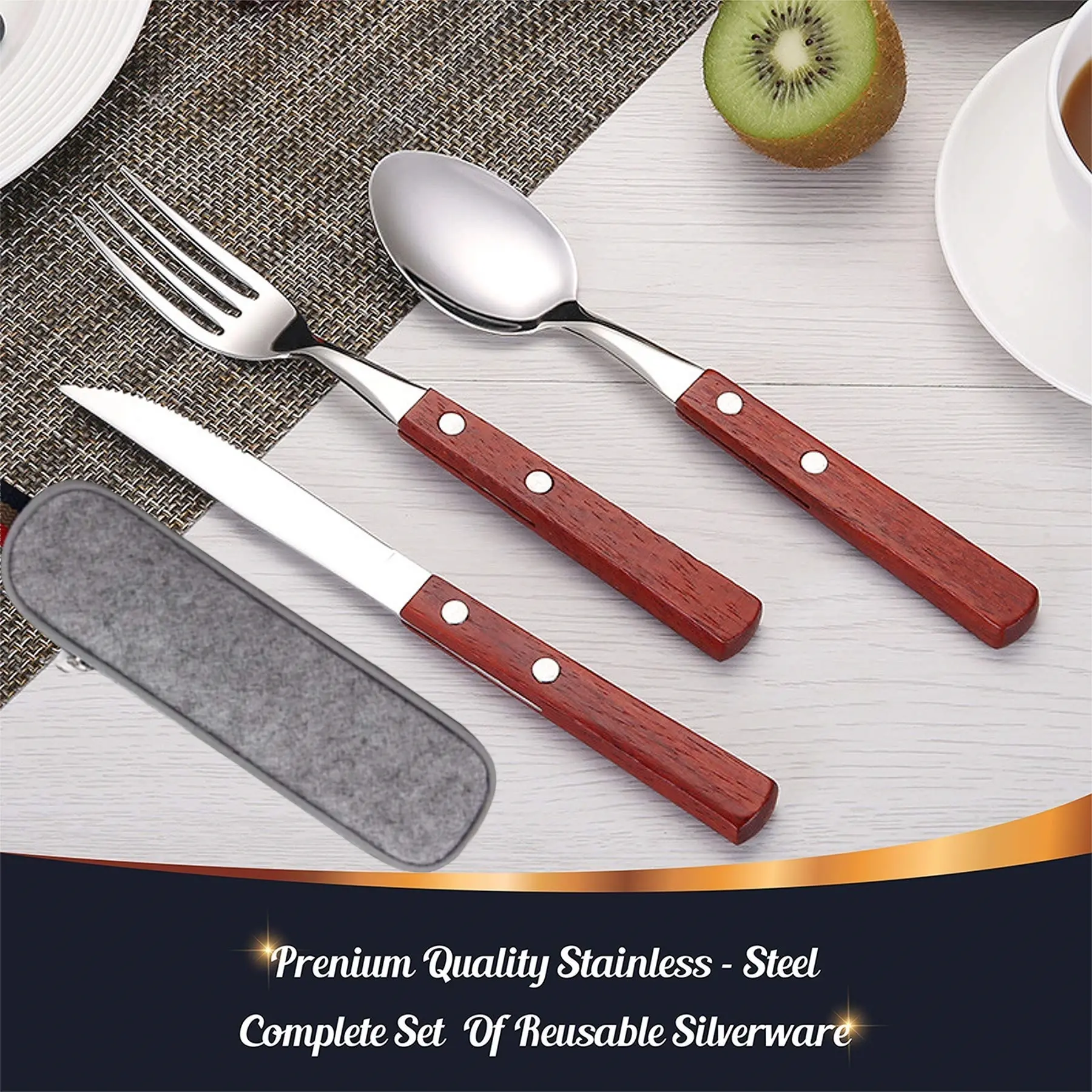 3 Pieces Forks and Spoons Silverware Set with Storage Case, Wooden Handle Flatware Set Stainless Steel Cutlery Set Spoons Dinner Knife Dinner Fork and Spoon Set