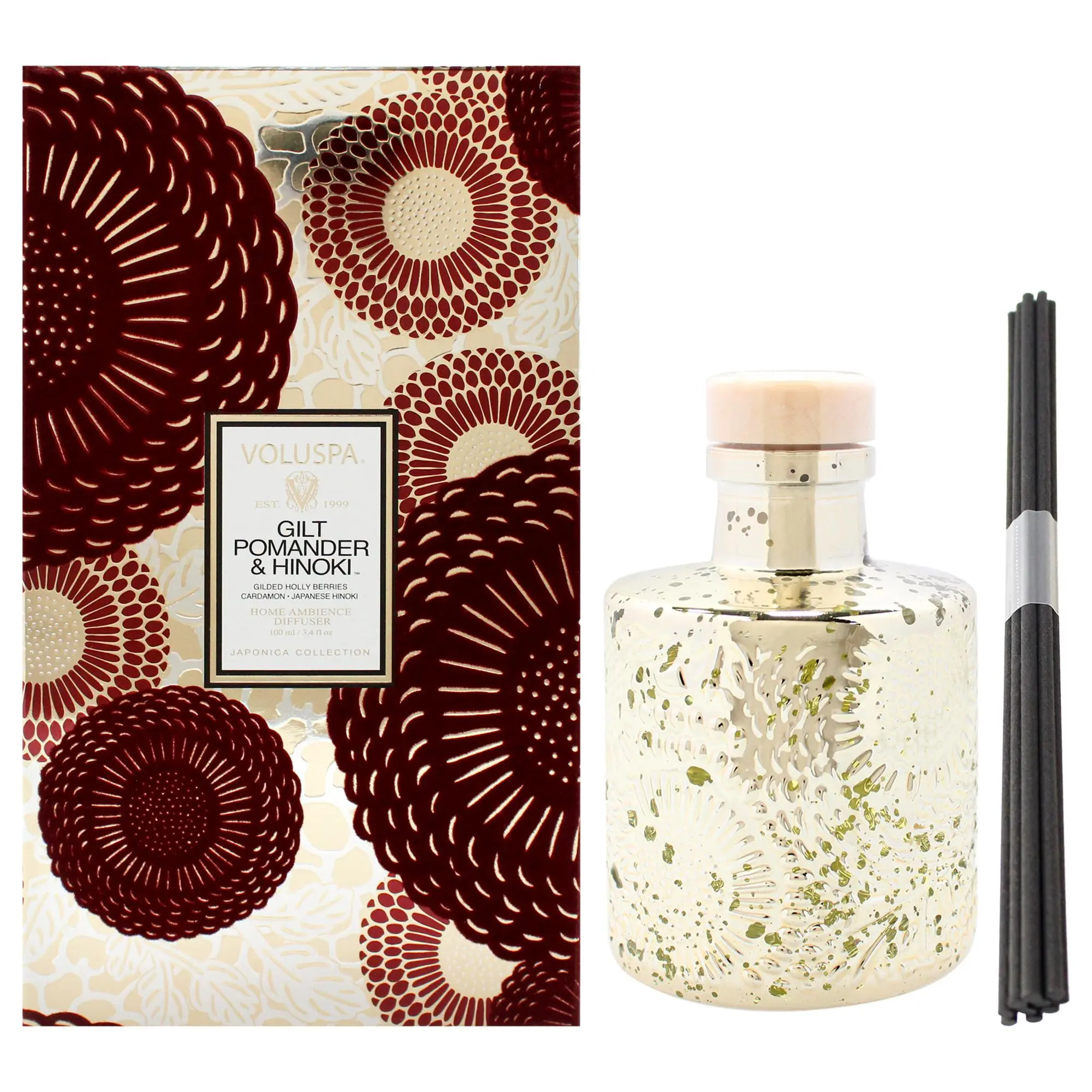 Unisex Voluspa Japonica Collection Gilt Pomander and Hinoki Reed Diffuser - 3.4oz Fragrance Item, Home Ambience Room Scenting Single Set