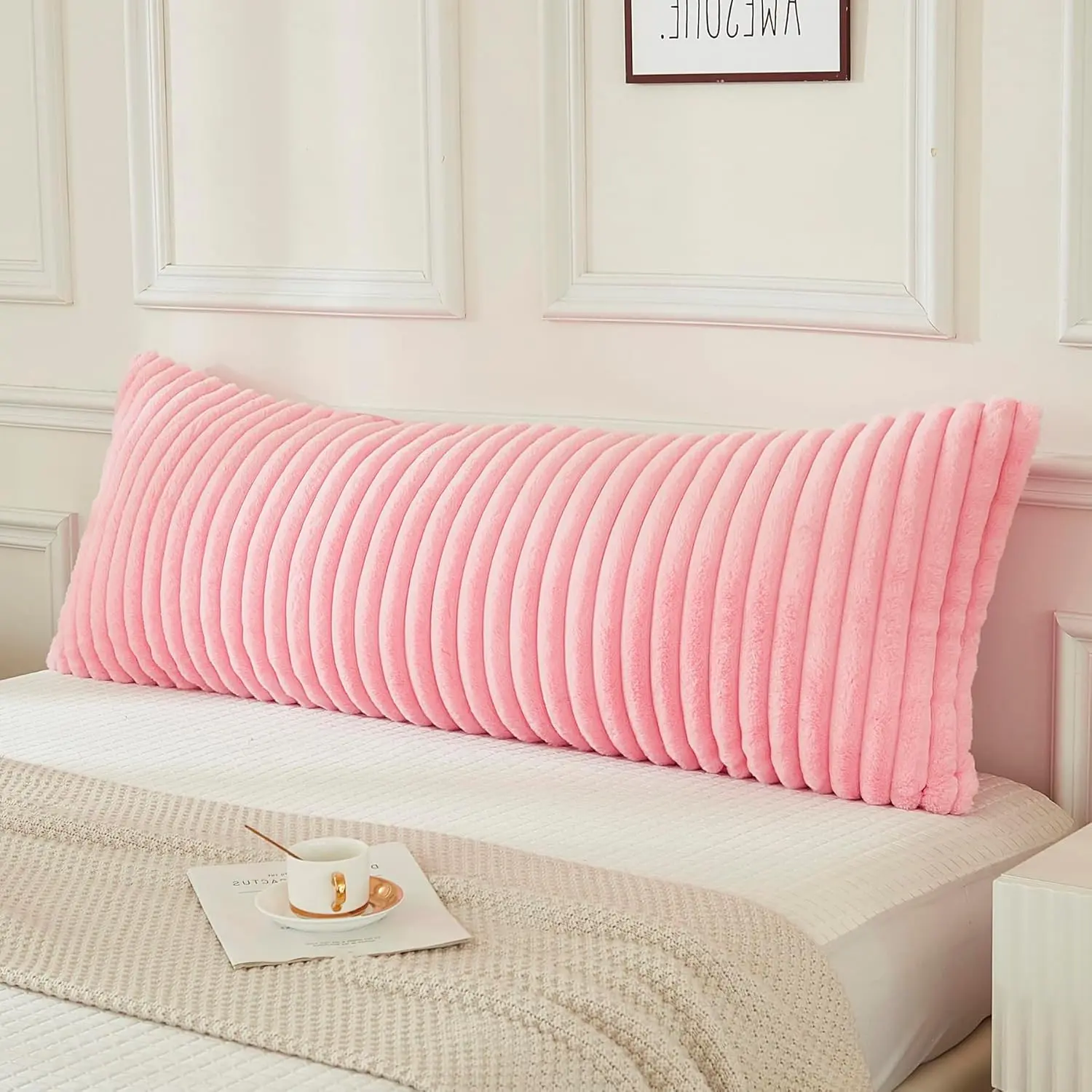 Faux  Fluffy  Pillow Cover Luxury Textured Vertical Stripe Plush Decorative  Pillowcase, Ultra Soft and Cozy Zipper Closure 21 x 54 Inches, Pink