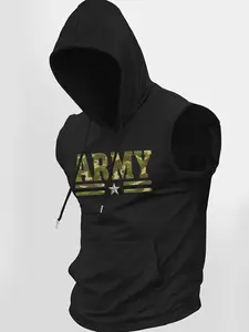 Men's Sleeveless Hooded Gym Vest, Army Camo Letter & Star Badge Print, Tactical Military Style, High Stretch Breathable Fabric, Fitness Workout Vest