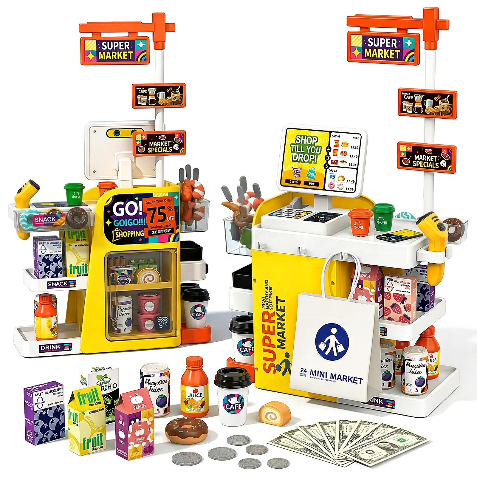 Supermarket Playset for Kids with Working Scanner Register Toy Pretend Play,Kid Grocery Store Playset 65 PCS Play Food Accessories,Christams Birthday Gift for 3 4 5 Kids Boys Girls