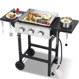 Gas Grill Griddle Combo with 3 Burners - Propane Grill on Cart - Stainless Steel 30,000 BTU -Camping Grill with 2 Foldable Tables, Cover - Outdoor Cooking Station for BBQ Backyard