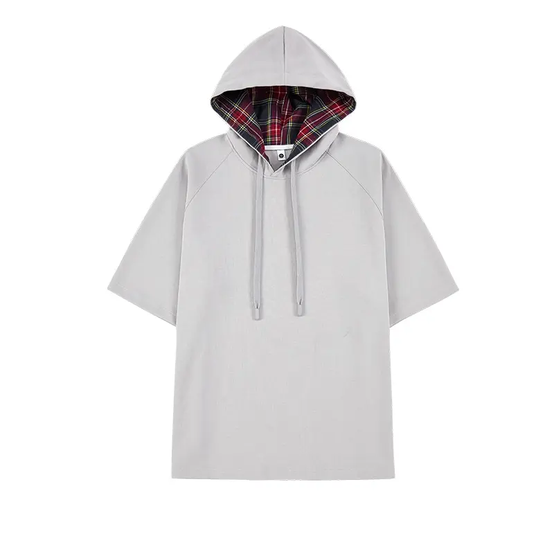 Men's and women's same double-yarn cotton plaid hooded short-sleeved T-shirt summer teen trend couple's lazy half-sleeved casual sports top