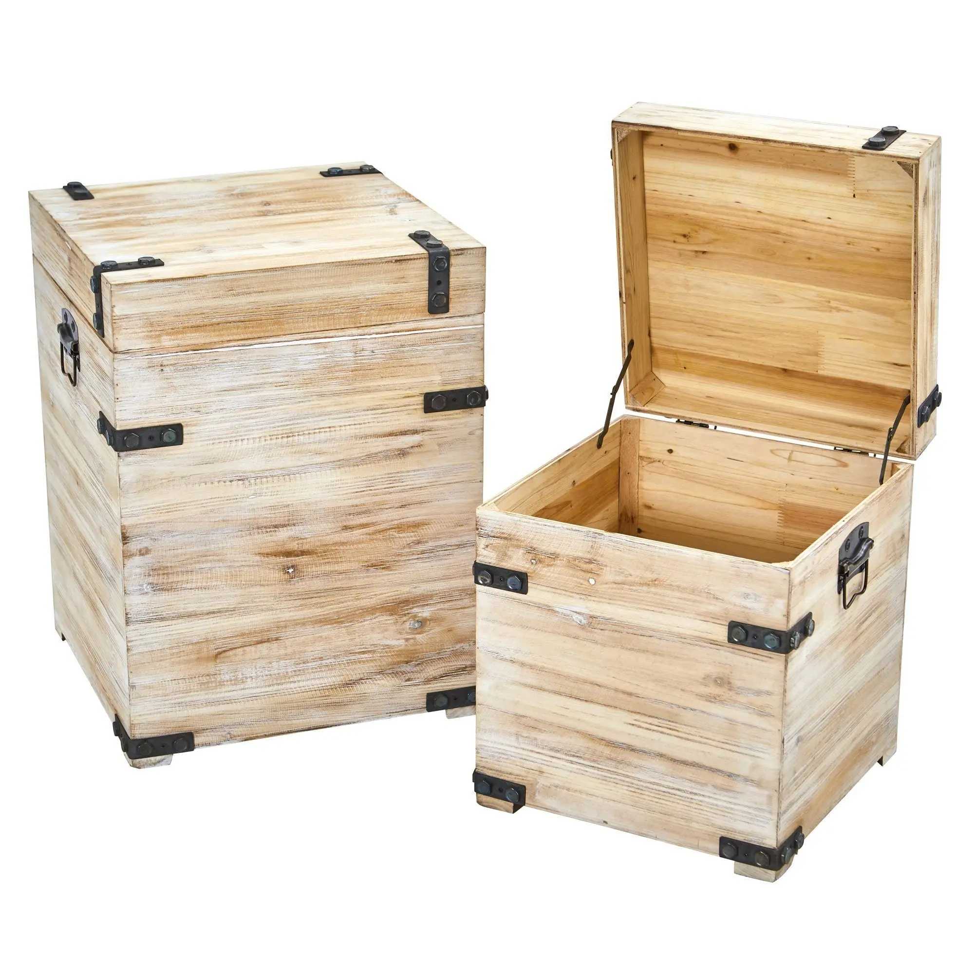 2-Piece Rectangular Rustic White Wash Decorative Storage Boxes with Metal Detailing - Home Organiser for Clever Storage, Vanity Organization, Bedroom Dresser, 23.5”x17.5”x17.5”