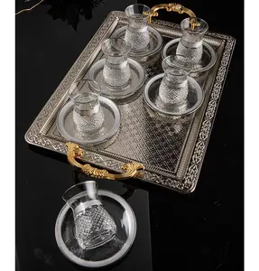Turkish Luxury 7 Piece Irem Tea Cup Set with Rectangular Tray 95-713 Silver
