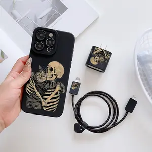 6 Piece Set Skull & Cat Phone Case, Charger Head Cover, Cable Protector, Storage Rope, Data Line Protection, Fits iPhone 7/8/x/11/12/13/14/15/16/17 Pro Max