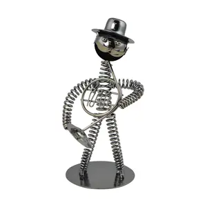 Metal Bolt Sculpture with Springs with a Man Playing the French Horn 7.5” Tall