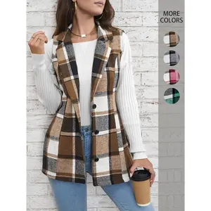 Women's Plaid Print Button Front Vest Coat, Elegant Womenswear Lapel Neck Sleeveless Outerwear, Comfortable Graphic Jackets, Lady Casual Wear Outfit, Winter Clothes Women