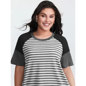 BLOOMCHIC Women's Plus Size Casual Striped Spandex Fabric Raglan Short Sleeve T-Shirt - Regular Fit Garment Size M-6X 2026 Summer Vibes Swimweek