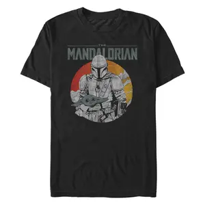 Men's Star Wars: The Mandalorian Din Djarin and Grogu Distressed Retro Scene T-Shirt