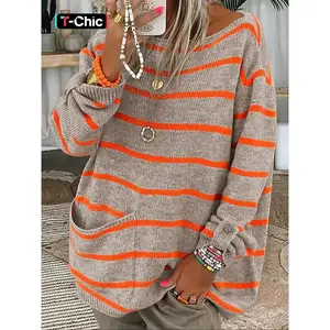 Women's Striped Print Drop Shoulder Pocket Knitting Sweater, Casual Long Sleeve Round Neck Jumper for Fall & Winter, Fashion Ladies' Knitwear for Daily Wear, Everyday Womenswear