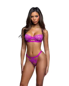 Roma Costumes Women's Lady 2-Piece Minimalist Basic Sheer Desire Underwear Set LI1078 - Floral Stretch Lace & Satin Underwire Bra with Hook-Eye Closure, Cotton Gusset Thong, Single-String Back, Lingerie, Feminine Underwear Sets