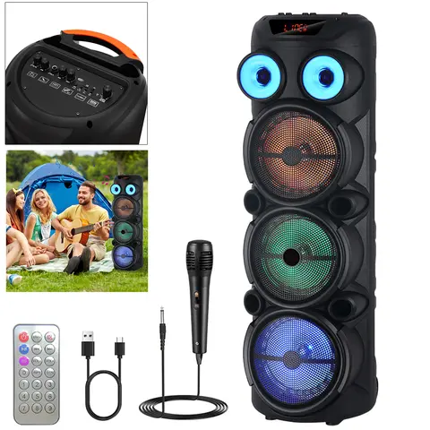 Portable Wireless Bluetooth PA Speaker System - 3x8in Woofers, Wired Microphone, Colorful LED Lights, Audio Playback, Card Slot, Control Buttons, Fast Charging, Plastic Build, Remote Control, Cable, Smartphone Connection for Party Use