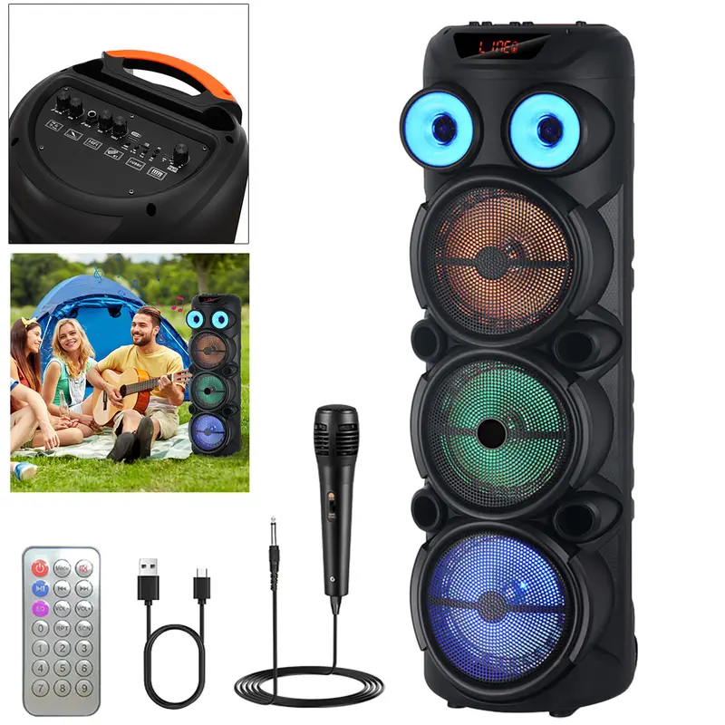 Portable Wireless Bluetooth PA Speaker System - 3x8in Woofers, Wired Microphone, Colorful LED Lights, Audio Playback, Card Slot, Control Buttons, Fast Charging, Plastic Build, Remote Control, Cable, Smartphone Connection for Party Use