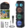 Portable Wireless Bluetooth PA Speaker System - 3x8in Woofers, Wired Microphone, Colorful LED Lights, Audio Playback, Card Slot, Control Buttons, Fast Charging, Plastic Build, Remote Control, Cable, Smartphone Connection for Party Use