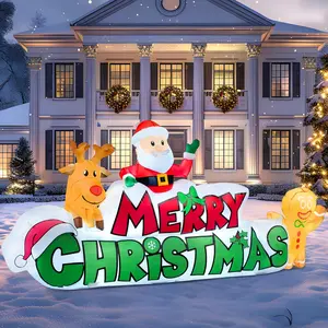 9.5 FT Christmas Inflatable Merry Christmas Sign with Santa, Reindeer & Gingerman, Christmas Inflatable Decoration with Build-in LEDs for Xmas Party Outdoor Yard Garden Lawn Winter Decor