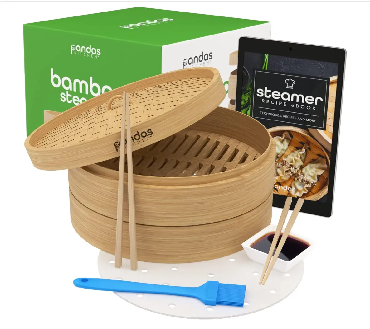 Pandas Kitchen 10-inch Bamboo Steamer Set with 2-Tier, 50 Wax Paper Liners, Sauce Dish, Chopsticks, Silicon Brush, and Ebook for Cooking