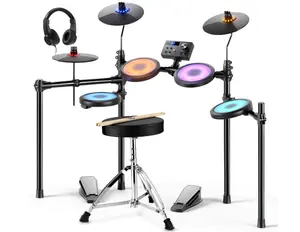 Electronic Drum Set DED-70L with LED Lights, Mesh Drum Pads, Headphones, Drum Throne & Drumsticks