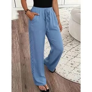 EMERY ROSE Women's Linen Blend Denim Effect Long Pants with Lace Appliqué on the Sides