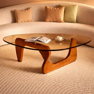 Mid-Century Modern Triangle Coffee Table, Walnut Base, Tempered Glass Top