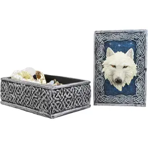 Ebros Blue Starry Night Alpha White Wolf Rectangular Decorative Box Trinket