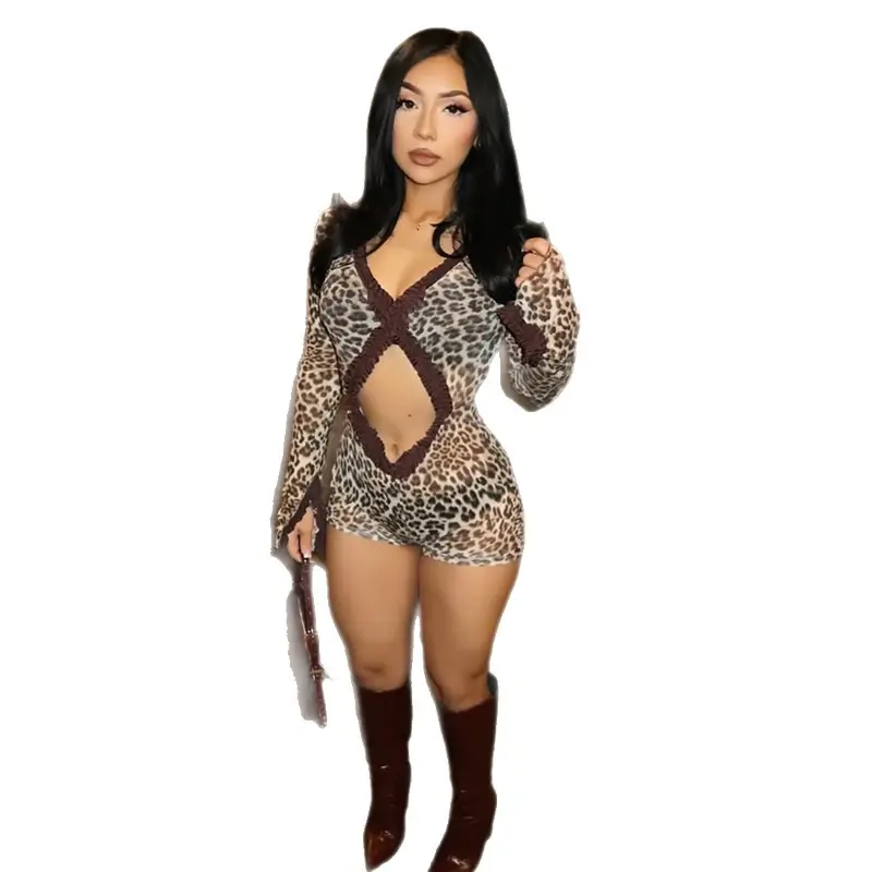 Women's 2026 Spring New Arrival Fashion Long Sleeve Leopard-Print Crop Top Bodysuit - Tight-Fitting, Cutout, See-Through Sports Clothing Set for New Year Gifts, Bodysuits, Printed, Girl