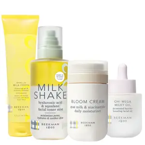Beekman 1802 Barrier Repair Skincare Set Featuring - Milk Froth Cleansing Gel, Milk Shake Hyaluronic Acid Facial Mist, Oh! Mega Milk Barrier Repair Oil, and Bloom Cream Daily Moisturizer