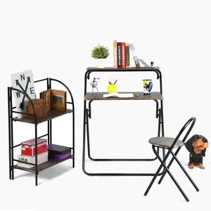 Folding Home Office Desk & Chair & Storage Shelf Sets, No Assembly Required - 29.5-Inch Study Workstation Writing Desk, 2-Tier Storage Rack Organizer Corner Shelf Bookcase, Small Stool Chair