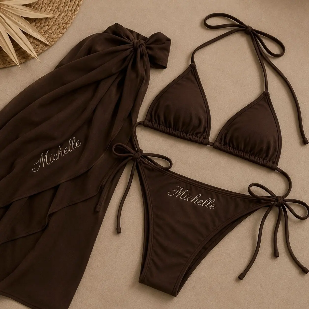 Custom Bride Bikini Set and Wrap Sarong, Personalized Embroidered 3 Piece Swimwear for Honeymoon Vacation
