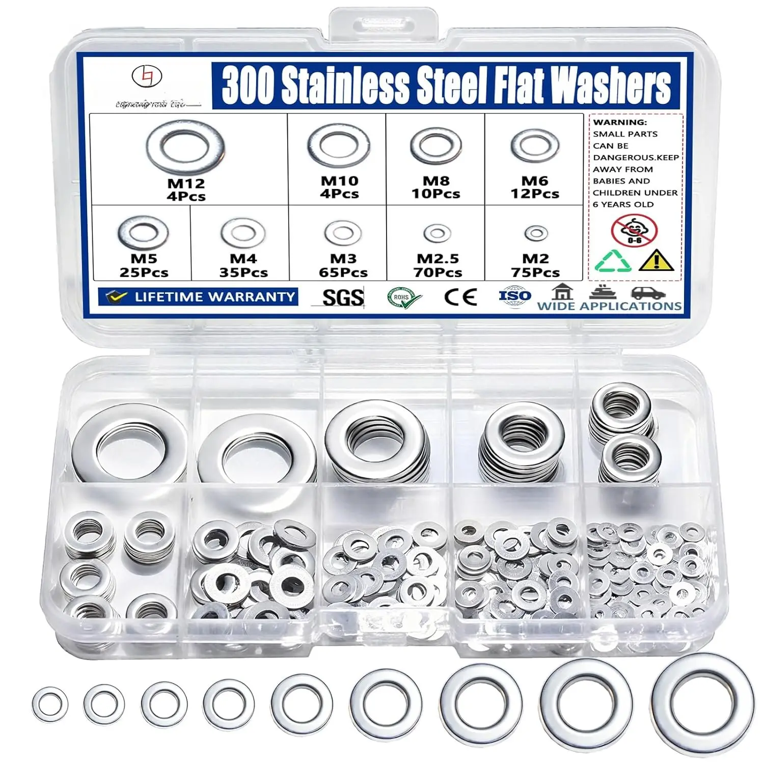 300 count Stainless Steel Flat Washers for Screws, 304 Stainless Steel,  Sizes (M2 M2.5 M3 M4 M5 M6 M8 M10 M12) for Industrial Use, Metal Washers for Screws and