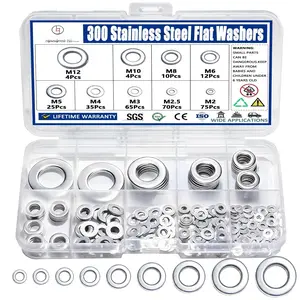 300 count Stainless Steel Flat Washers for Screws, 304 Stainless Steel,  Sizes (M2 M2.5 M3 M4 M5 M6 M8 M10 M12) for Industrial Use, Metal Washers for Screws and