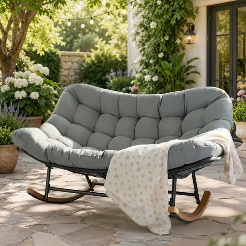 Oversized 2-Person Papasan Patio Furniture Chair - Outdoor Oversized Rocking Chairs with Heavy-Duty Metal Frame, Gentle Motion, Thick Cushion, Curved Seat, 660lb Weight Capacity for Yard