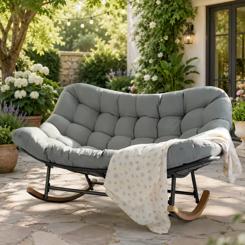 Oversized 2-Person Papasan Patio Furniture Chair - Outdoor Oversized Rocking Chairs with Heavy-Duty Metal Frame, Gentle Motion, Thick Cushion, Curved Seat, 660lb Weight Capacity for Yard