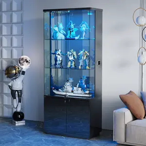 Dystler 71"Glass Display Cabinet with Lights, Modern Curio Cabinet Display Cases for Collectibles, Locking Cabinet with Shelves & Drawers, Tall Bookcase with Human Body Sensor for Living Room