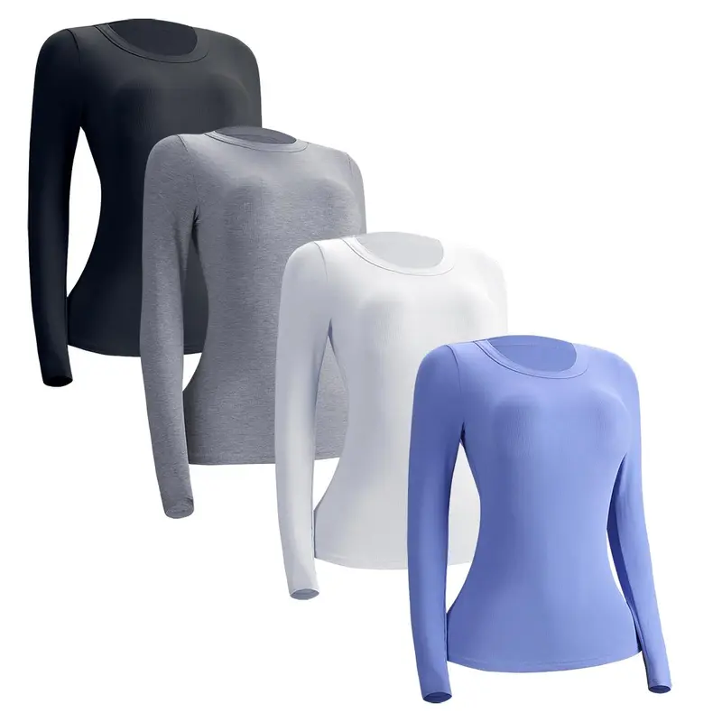 Womens Long Sleeve Stretch Slim Round Neck Ribbed Basic Shirts Top Y2K Womenswear
