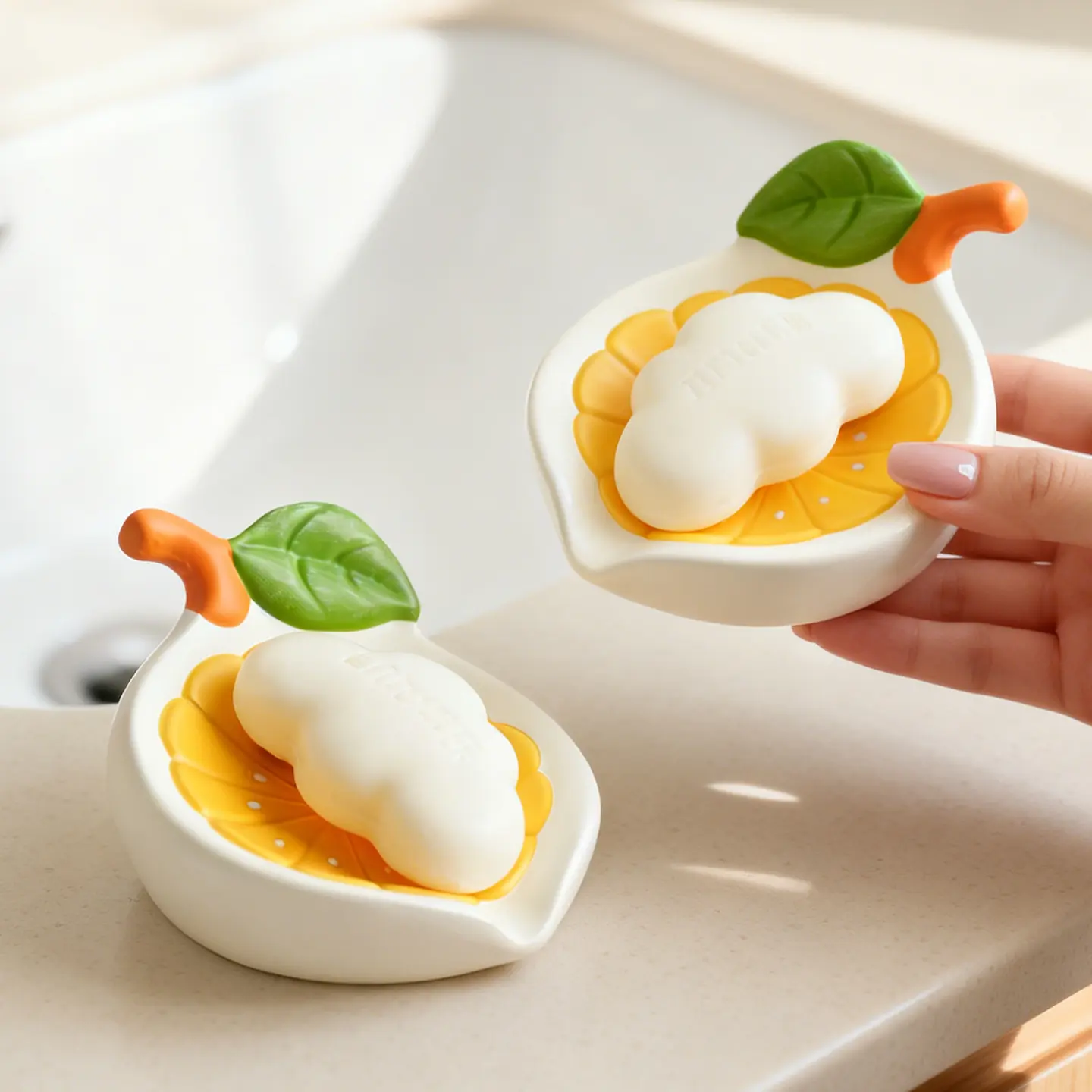 #JY Lemon-shaped soap dish, resin self-draining soap holder, creative fruit-design soap tray, decorative bathroom countertop accessory