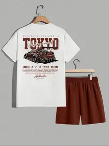 Two-Piece Set Men's Car Print Tee & Shorts, Regular Fit Casual Round Neck Short Sleeve T-shirt & Track Shorts, Men's Summer Clothes, Menswear