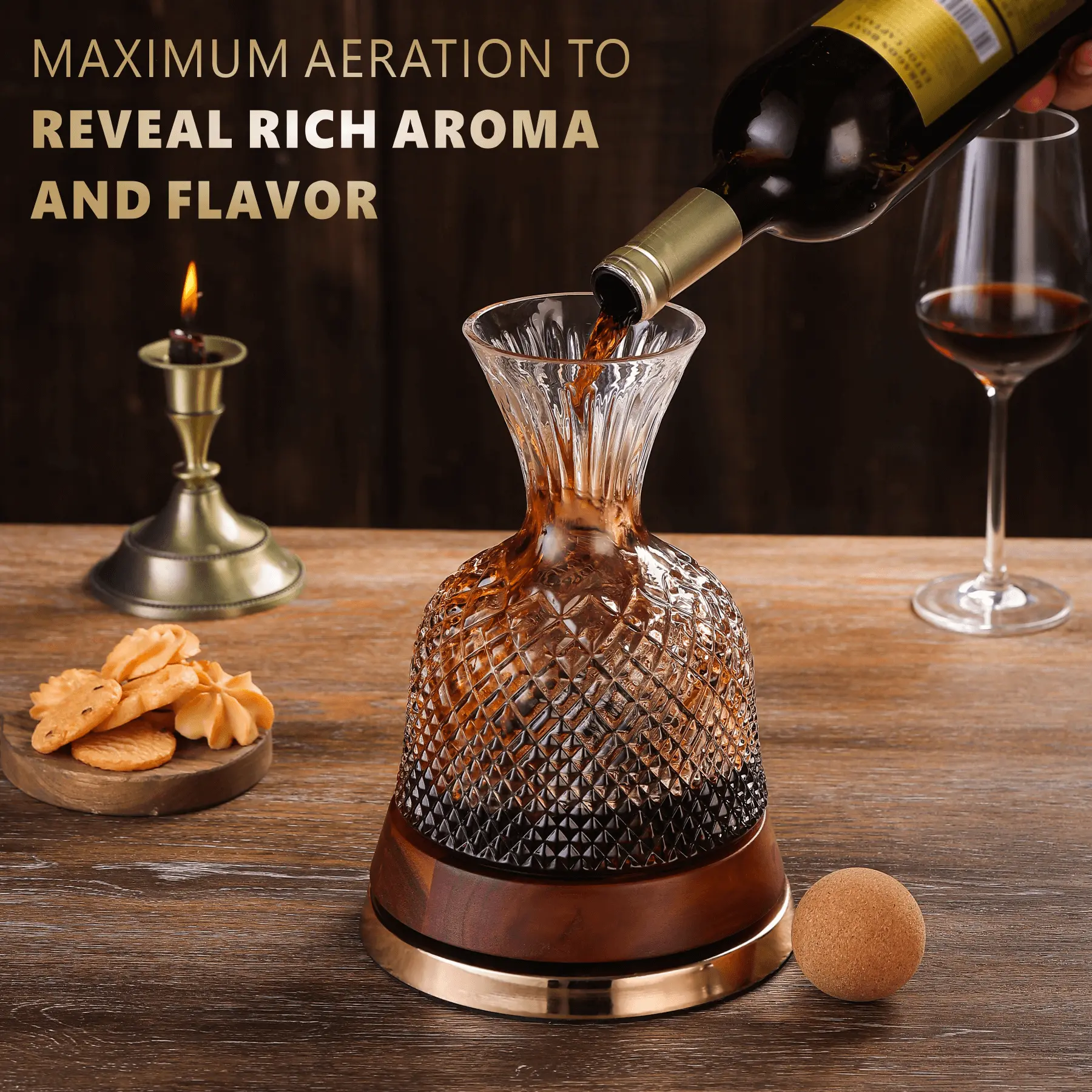 Rotating Wine Decanter with Wooden Base – 360° Spinning Wine Aerator for Fast Oxygenation, Crystal Clear Wine Carafe Decanter for Red Wine, Elegant Wine Decanter Set & Gift Choice Utensils Gold