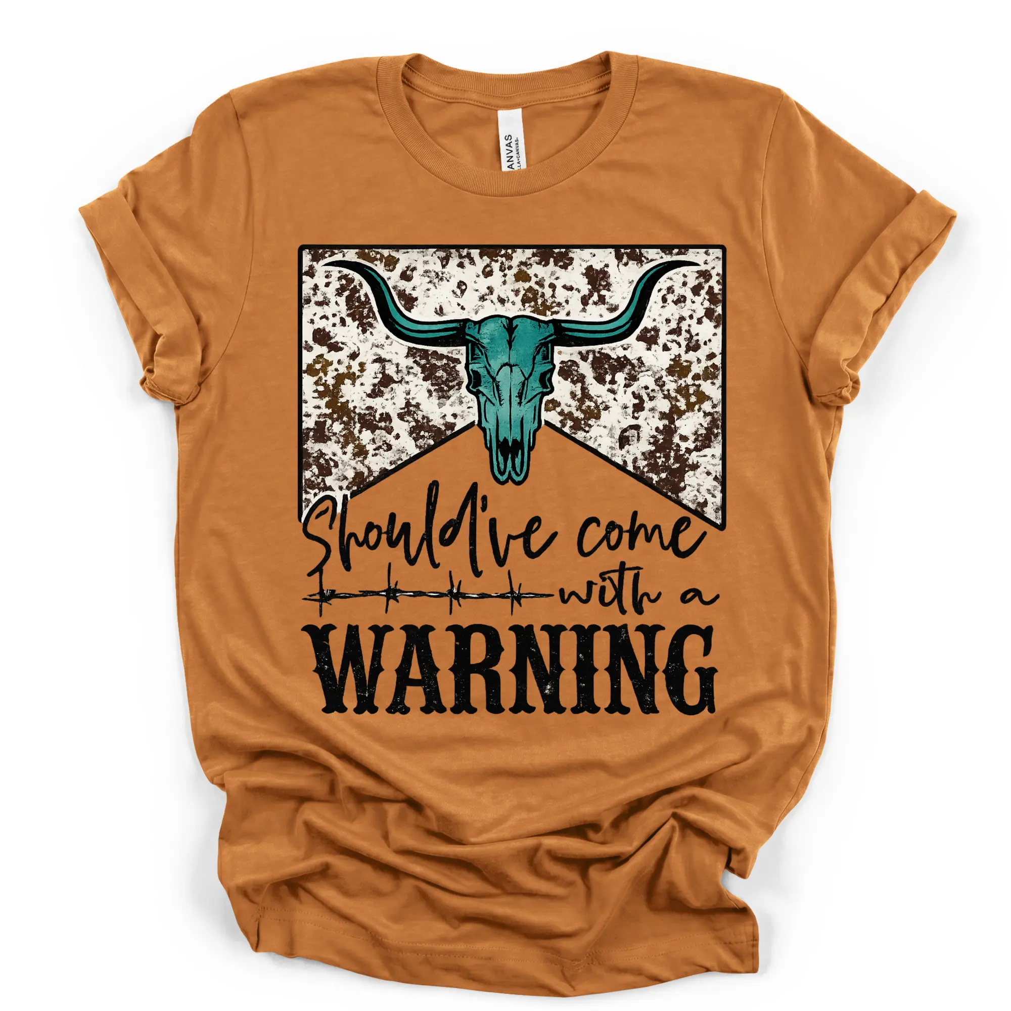 Envy Stylz Boutique Women's Short-Sleeve Cotton Round Neck Fit T-Shirt - Soft Cowhide Skull "Should've Come With A Warning" Graphic Casual Top